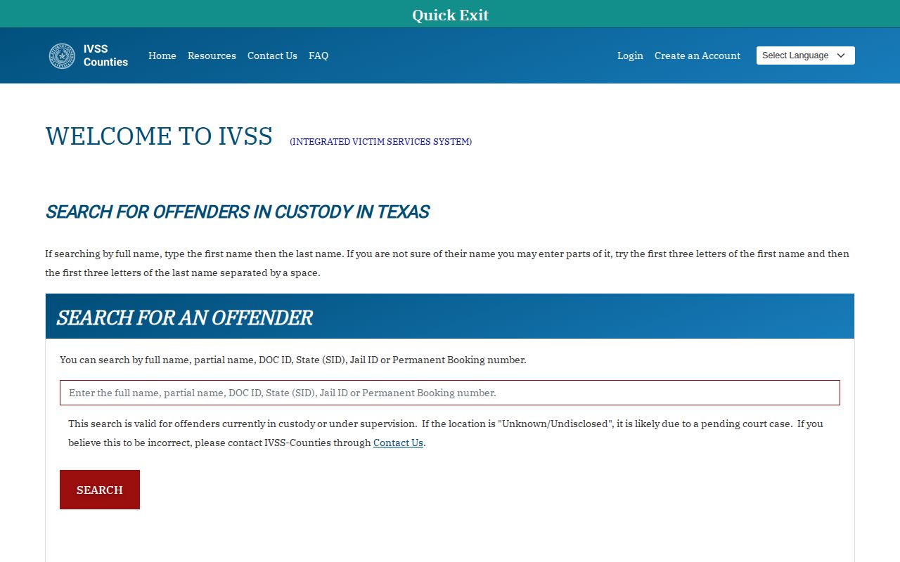 Texas IVSS-Counties search for Shelby County custody and release records