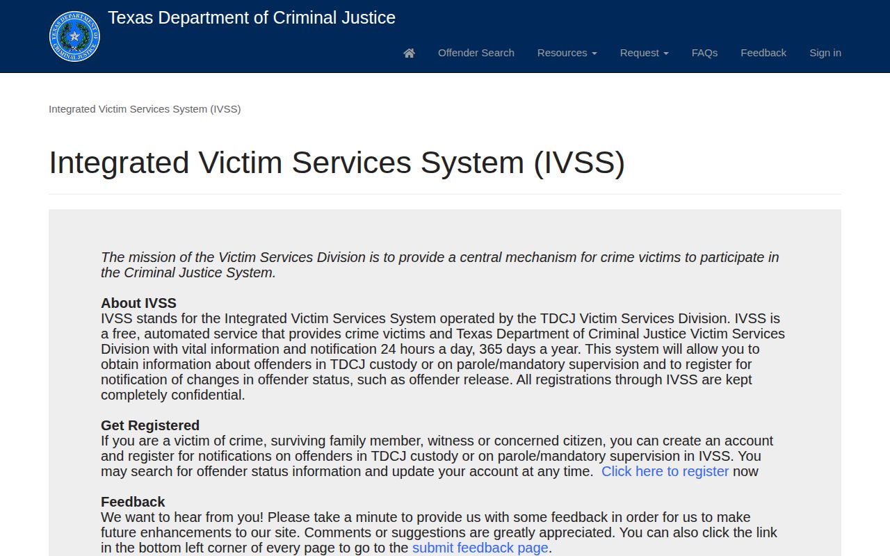 TDCJ IVSS state-prison release notification portal for Shelby County cases